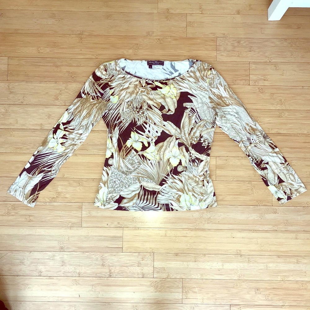 Long Sleeve Floral Scoop Neck Tee - Brown/Beige